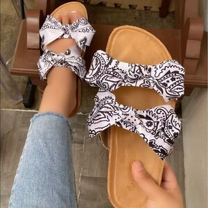 White Bandana Double Bow Slides Sandals